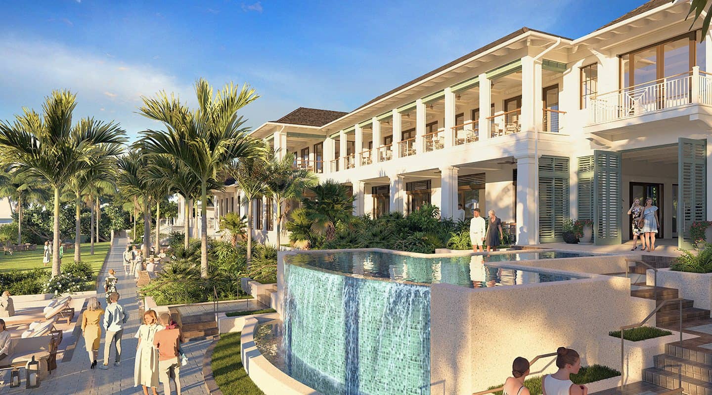 Rendering of a two-story white clubhouse with deep verandas behind an infinity-edge pool and a tiled waterfall, framed by palms