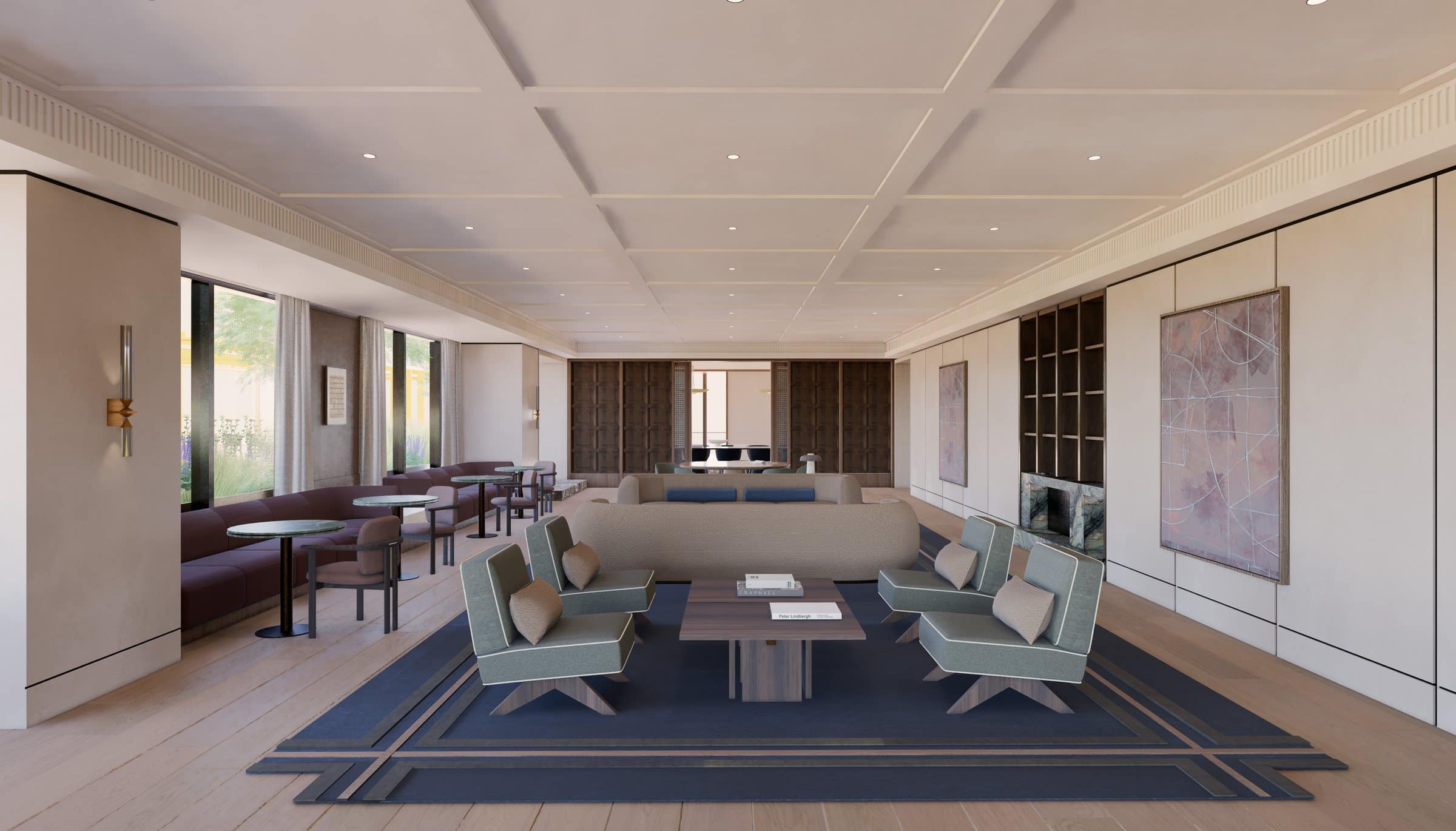 Rendering of a long lounge with gray-blue armchairs on a patterned rug between wood-paneled walls