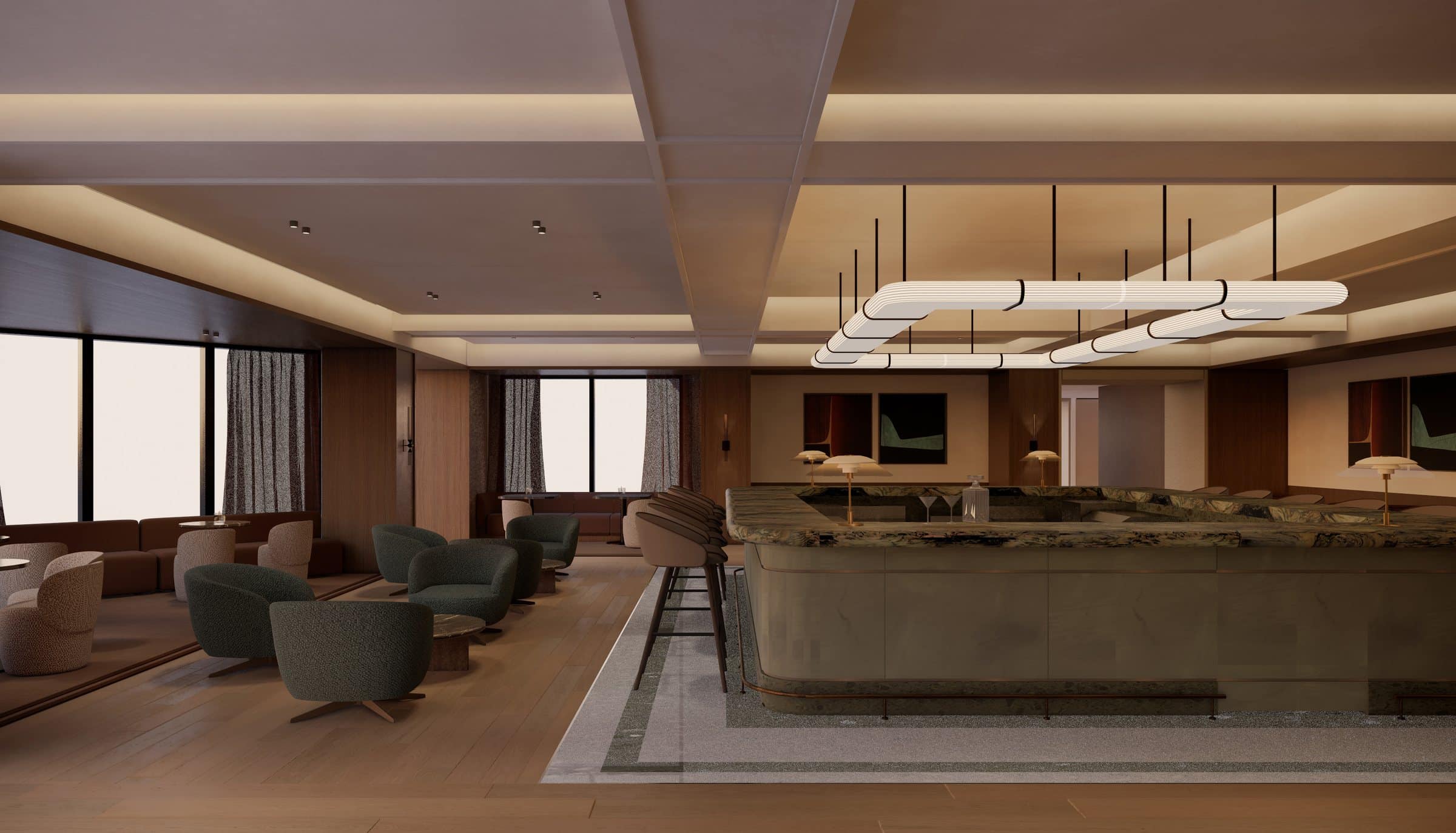 Rendering of a bar lounge with a long sofa, green armchairs and a sculptural pendant light under a coffered ceiling