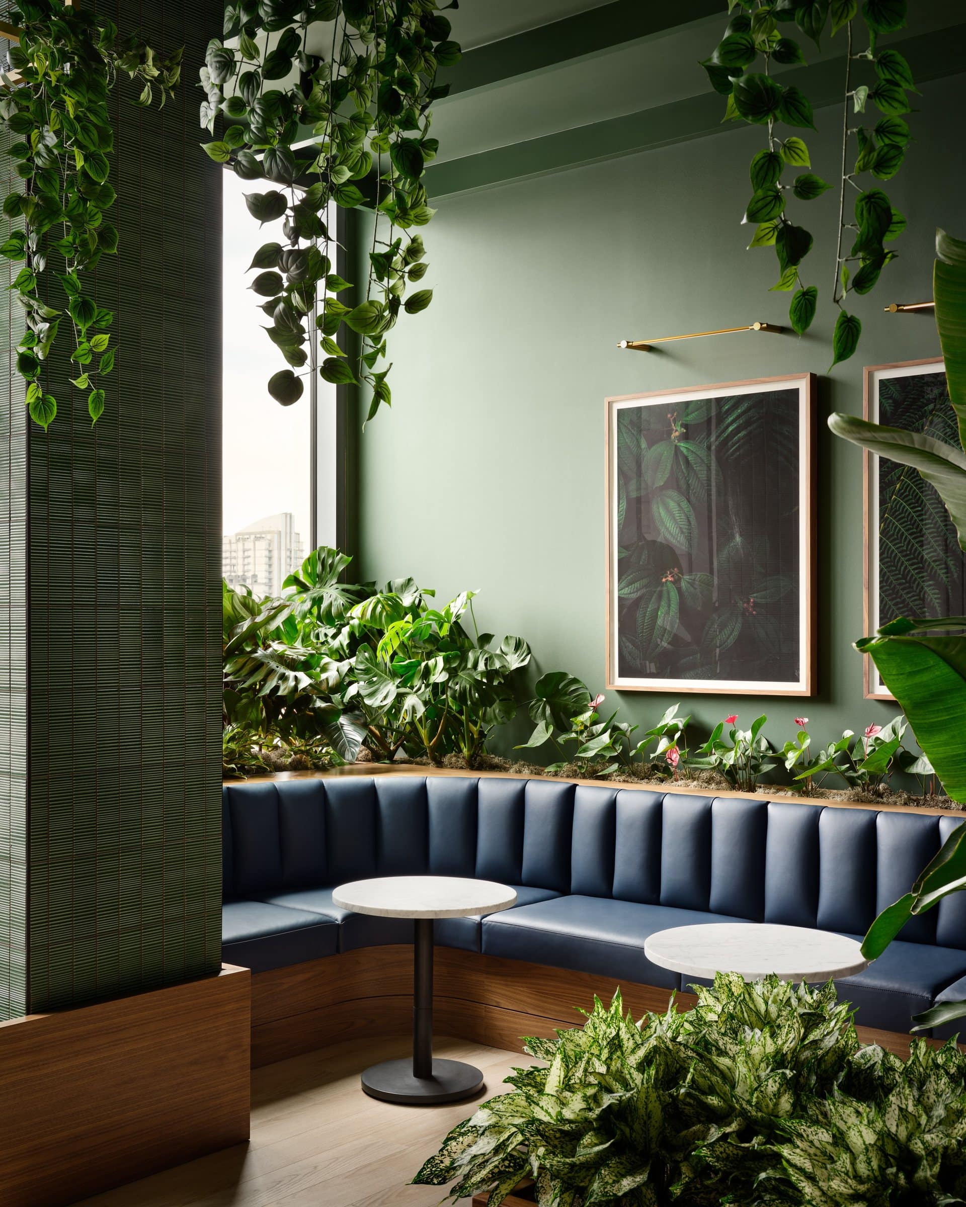 Curved blue banquette among plants, with two framed botanical photographs on a green wall, one partly visible