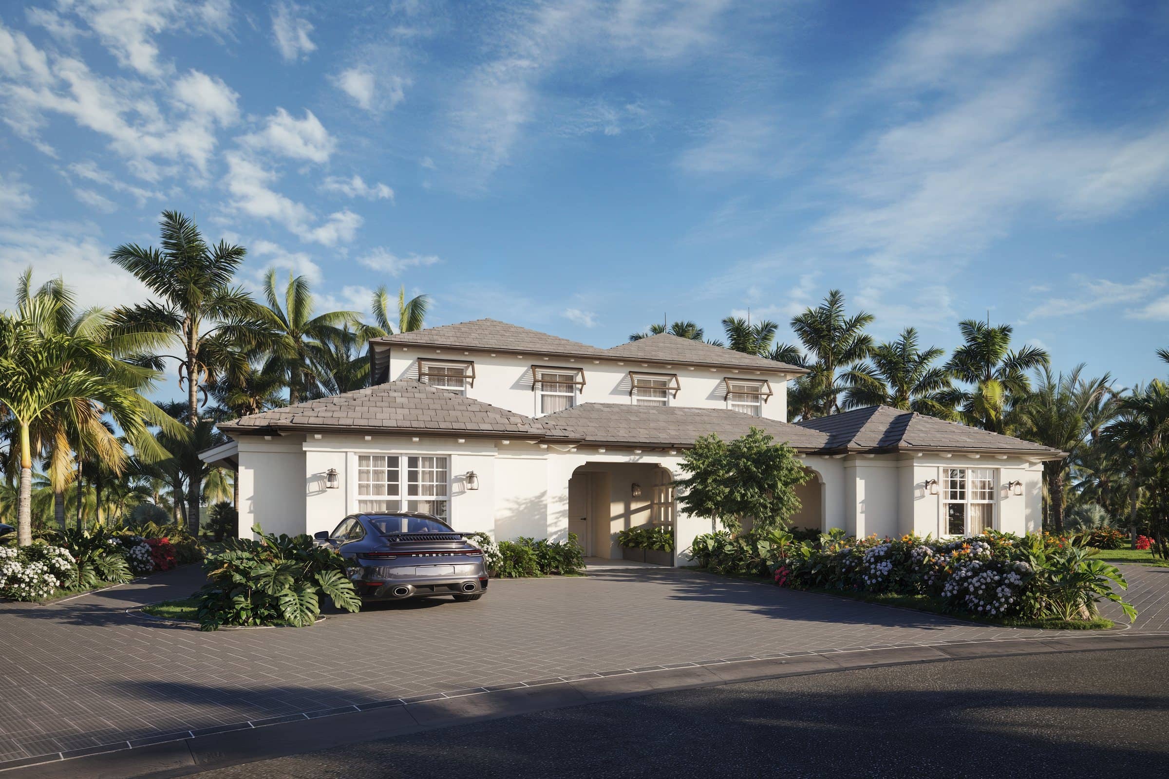 Rendering of a white stucco villa with a tiled roof and an arched carport among palms and flowering shrubs