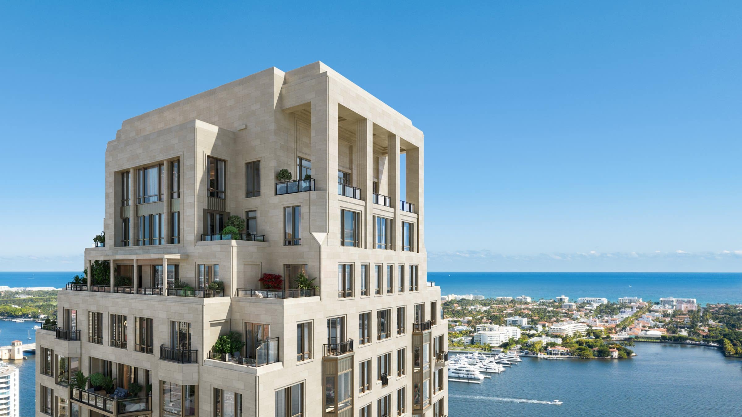 Rendering of the stepped upper floors of a limestone tower with planted terraces, overlooking the water and the barrier island